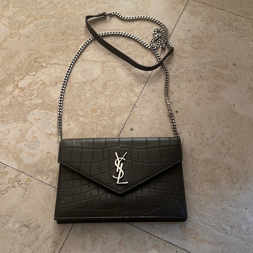 YSL gray crocodile embossed wallet on a chain
